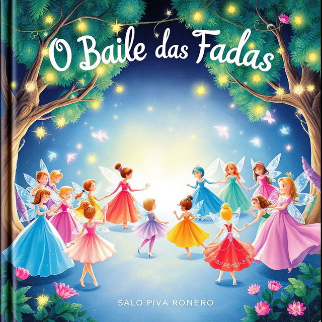 A whimsical book cover for a children's book titled 'O Baile das Fadas' by Saulo Piva Ronero