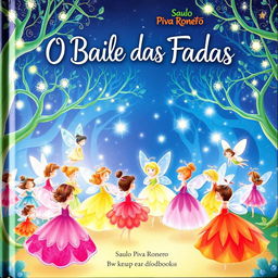 A whimsical book cover for a children's book titled 'O Baile das Fadas' by Saulo Piva Ronero