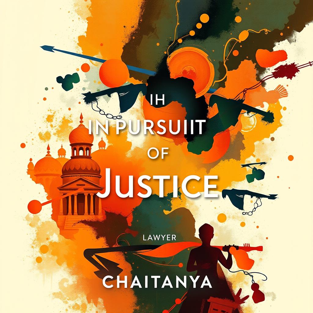 An engaging book cover for the novel 'In Pursuit of Justice: Tales of Lawyer Ramachandra Shastry' by CHAITANYA, designed entirely in abstract art