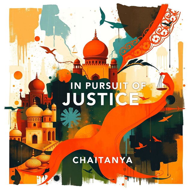 An engaging book cover for the novel 'In Pursuit of Justice: Tales of Lawyer Ramachandra Shastry' by CHAITANYA, designed entirely in abstract art