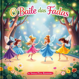 A captivating book cover for a children's book titled 'O Baile das Fadas' by Saulo Piva Ronero