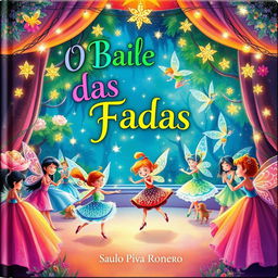 A captivating book cover for a children's book titled 'O Baile das Fadas' by Saulo Piva Ronero