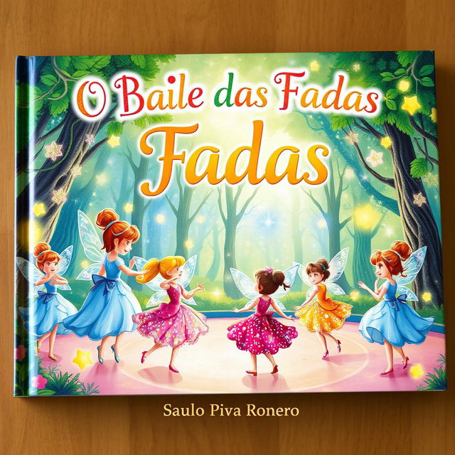 A captivating book cover for a children's book titled 'O Baile das Fadas' by Saulo Piva Ronero