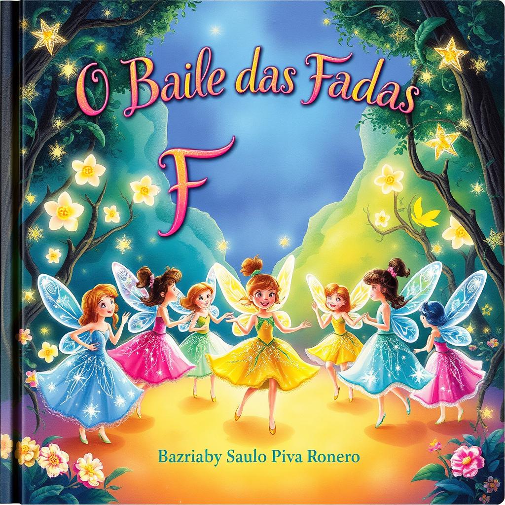 A captivating book cover for a children's book titled 'O Baile das Fadas' by Saulo Piva Ronero