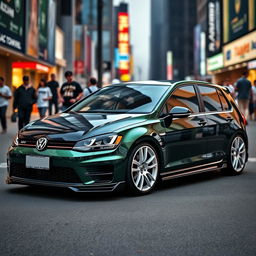 A dark green MK7 Volkswagen Golf featuring a glossy black hood, eye-catching white wheels, and a stylish body kit that enhances its sporty aesthetic
