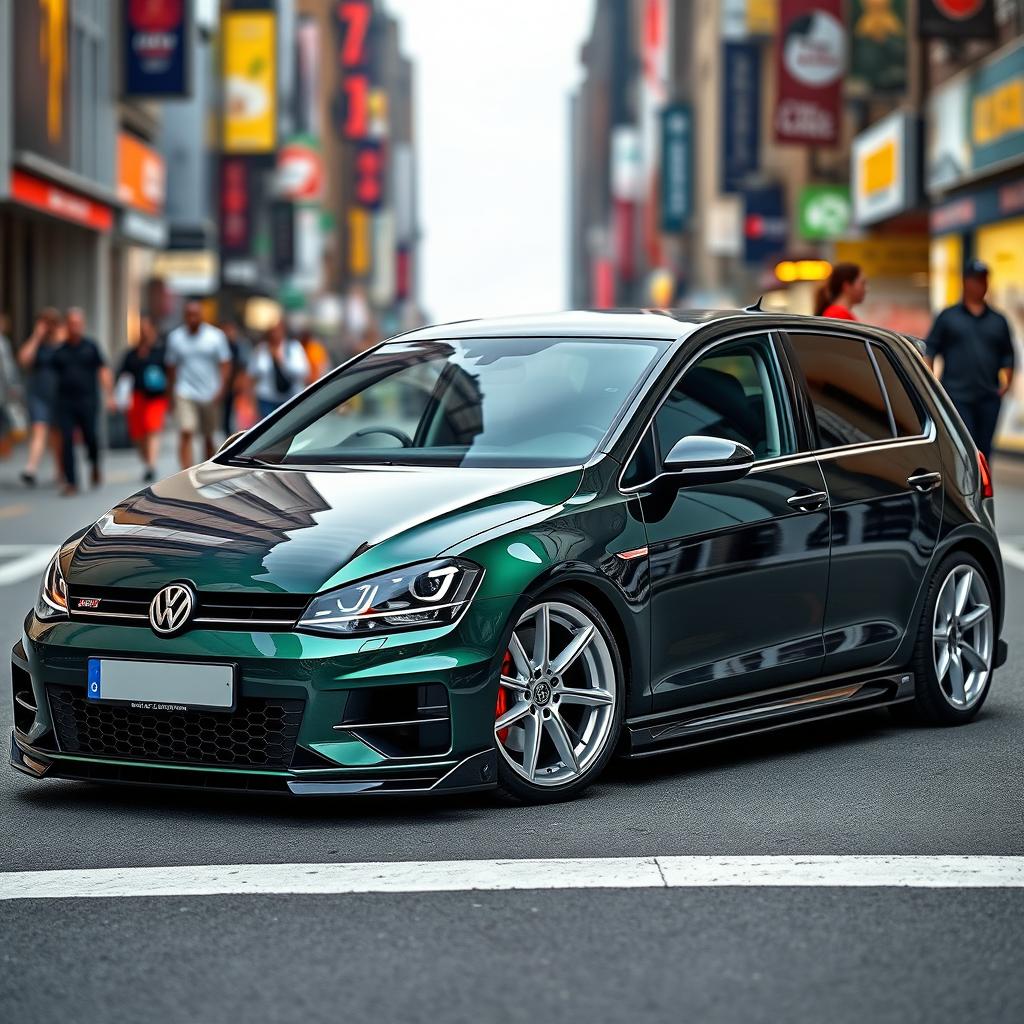 A dark green MK7 Volkswagen Golf featuring a glossy black hood, eye-catching white wheels, and a stylish body kit that enhances its sporty aesthetic