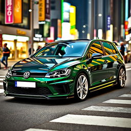 A dark green MK7 Volkswagen Golf featuring a glossy black hood, eye-catching white wheels, and a stylish body kit that enhances its sporty aesthetic