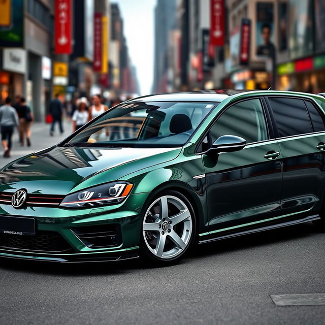 A dark green MK7 Volkswagen Golf featuring a glossy black hood, eye-catching white wheels, and a stylish body kit that enhances its sporty aesthetic