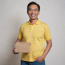 A cheerful and handsome 52-year-old Malay man, clad in a relaxed fit yellow collared t-shirt and jeans, confidently showing his comfort tummy