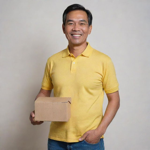 A cheerful and handsome 52-year-old Malay man, clad in a relaxed fit yellow collared t-shirt and jeans, confidently showing his comfort tummy