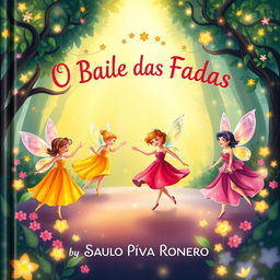 A delightful book cover for a children's book titled 'O Baile das Fadas' by Saulo Piva Ronero
