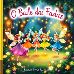 A delightful book cover for a children's book titled 'O Baile das Fadas' by Saulo Piva Ronero