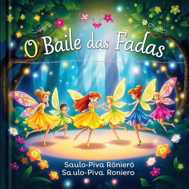 A delightful book cover for a children's book titled 'O Baile das Fadas' by Saulo Piva Ronero