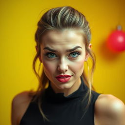 A 25-year-old woman with a provocative expression, emanating confidence and allure