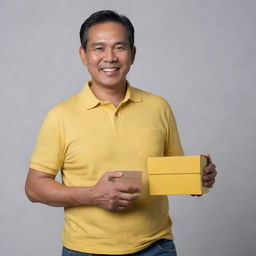 A cheerful and handsome 52-year-old Malay man, clad in a relaxed fit yellow collared t-shirt and jeans, confidently showing his comfort tummy