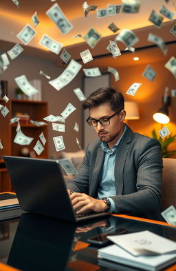 A man working intently on his laptop, surrounded by flying dollar bills swirling around him, evoking a sense of financial success and excitement