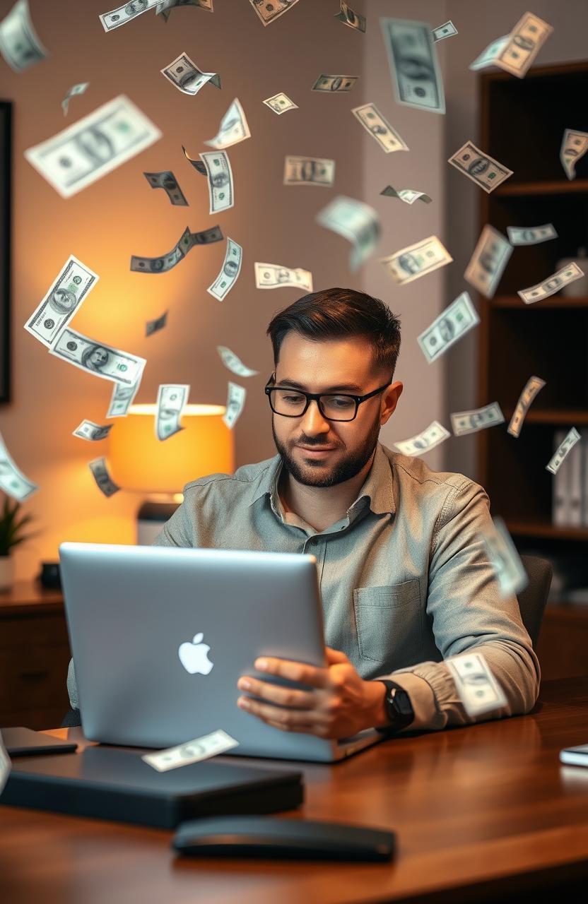 A man working intently on his laptop, surrounded by flying dollar bills swirling around him, evoking a sense of financial success and excitement