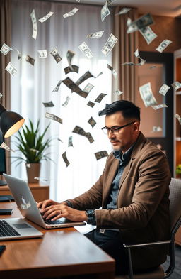 A man working intently on his laptop, surrounded by flying dollar bills swirling around him, evoking a sense of financial success and excitement