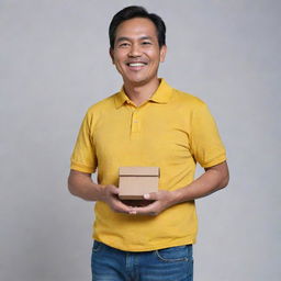 A cheerful and handsome 52-year-old Malay man, clad in a relaxed fit yellow collared t-shirt and jeans, confidently showing his comfort tummy