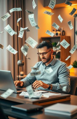 A man working intently on his laptop, surrounded by flying dollar bills swirling around him, evoking a sense of financial success and excitement