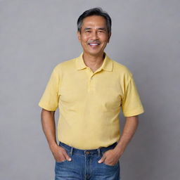 A cheerful and handsome 52-year-old Malay man, clad in a relaxed fit yellow collared t-shirt and jeans, confidently showing his comfort tummy