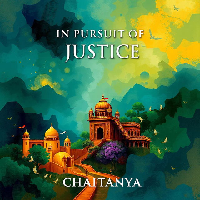 An enchanting book cover for the novel 'In Pursuit of Justice: Tales of Lawyer Ramachandra Shastry' by CHAITANYA, crafted entirely in abstract art