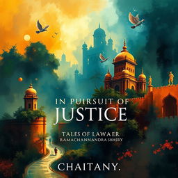 An enchanting book cover for the novel 'In Pursuit of Justice: Tales of Lawyer Ramachandra Shastry' by CHAITANYA, crafted entirely in abstract art