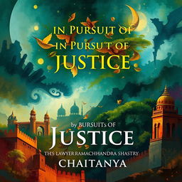 An enchanting book cover for the novel 'In Pursuit of Justice: Tales of Lawyer Ramachandra Shastry' by CHAITANYA, crafted entirely in abstract art