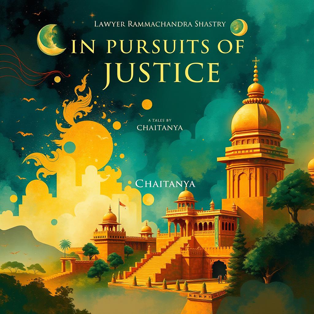 An enchanting book cover for the novel 'In Pursuit of Justice: Tales of Lawyer Ramachandra Shastry' by CHAITANYA, crafted entirely in abstract art