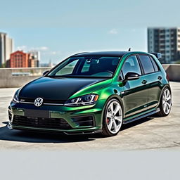 A stunning dark green MK7 Volkswagen Golf featuring an aftermarket carbon fiber hood