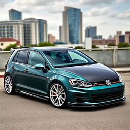 A stunning dark green MK7 Volkswagen Golf featuring an aftermarket carbon fiber hood