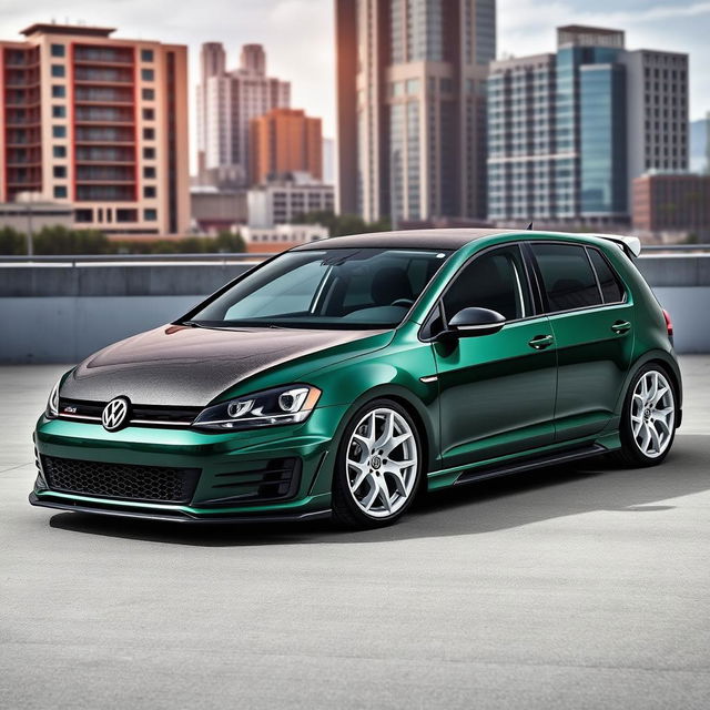 A stunning dark green MK7 Volkswagen Golf featuring an aftermarket carbon fiber hood