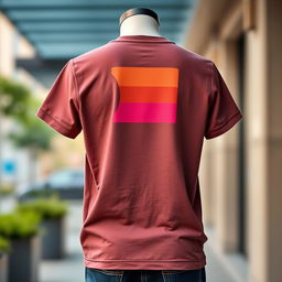 A trendy and youthful T-shirt design featuring a minimalistic pattern on the back, showcasing clean lines and simple geometric shapes in a vibrant color palette