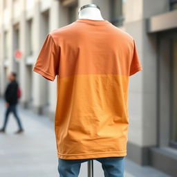 A trendy and youthful T-shirt design featuring a minimalistic pattern on the back, showcasing clean lines and simple geometric shapes in a vibrant color palette