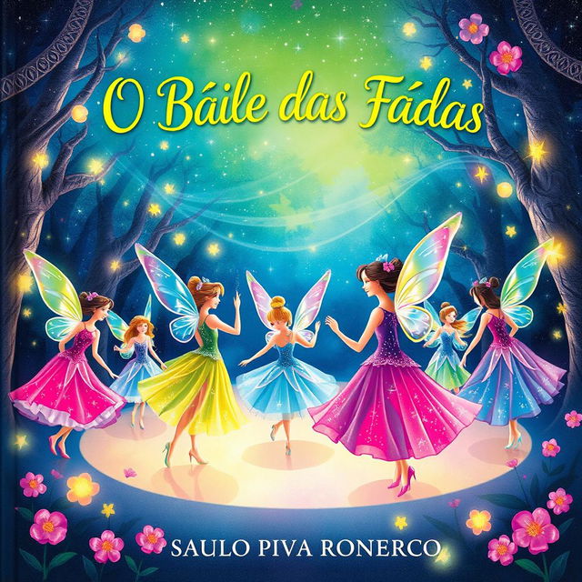 An enchanting book cover for 'O Baile das Fadas' by Saulo Piva Ronero, aimed at children