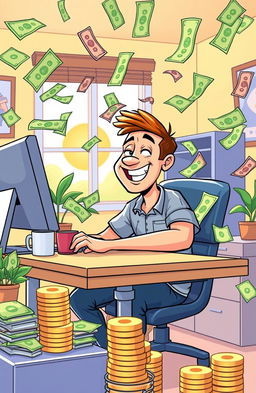 A vibrant cartoon scene depicting a cheerful man sitting at a desk, intensely focused on his computer, as colorful dollar bills wildly fly around him, creating an energetic and dynamic atmosphere