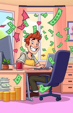 A vibrant cartoon scene depicting a cheerful man sitting at a desk, intensely focused on his computer, as colorful dollar bills wildly fly around him, creating an energetic and dynamic atmosphere