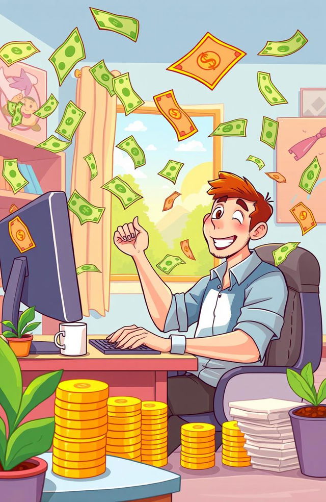 A vibrant cartoon scene depicting a cheerful man sitting at a desk, intensely focused on his computer, as colorful dollar bills wildly fly around him, creating an energetic and dynamic atmosphere