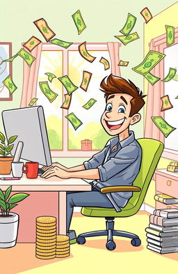 A vibrant cartoon scene depicting a cheerful man sitting at a desk, intensely focused on his computer, as colorful dollar bills wildly fly around him, creating an energetic and dynamic atmosphere