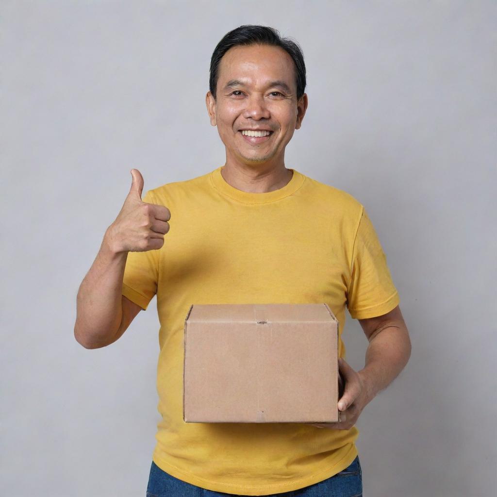 A jovial and handsome 52-year-old Malay man, decked in a loose-fitting yellow collared t-shirt and jeans, proudly flaunting his comfort tummy