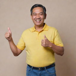 A jovial and handsome 52-year-old Malay man, decked in a loose-fitting yellow collared t-shirt and jeans, proudly flaunting his comfort tummy