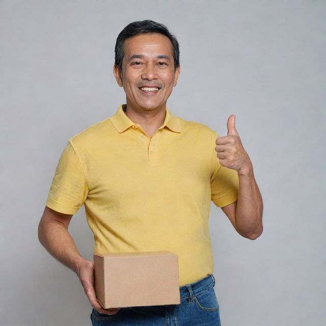 A jovial and handsome 52-year-old Malay man, decked in a loose-fitting yellow collared t-shirt and jeans, proudly flaunting his comfort tummy