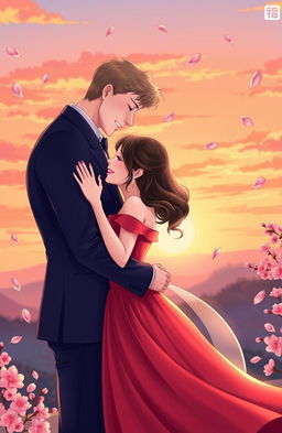 A stunning illustration of romantic love, featuring a couple embracing passionately in a picturesque sunset background