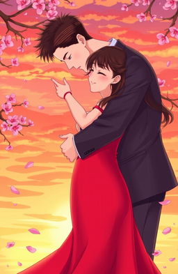 A stunning illustration of romantic love, featuring a couple embracing passionately in a picturesque sunset background