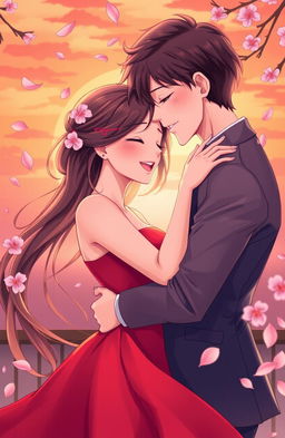 A stunning illustration of romantic love, featuring a couple embracing passionately in a picturesque sunset background