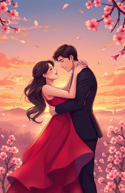 A stunning illustration of romantic love, featuring a couple embracing passionately in a picturesque sunset background