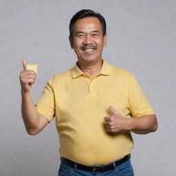 A jovial and handsome 52-year-old Malay man, decked in a loose-fitting yellow collared t-shirt and jeans, proudly flaunting his comfort tummy