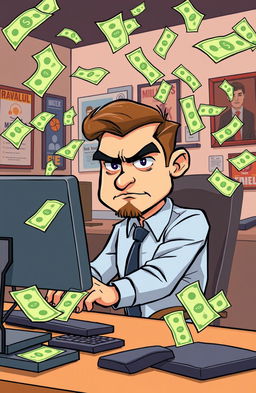 A serious and focused cartoon man sitting at his computer intensely working, surrounded by flying money notes in various denominations swirling around him, signifying wealth and success