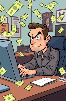 A serious and focused cartoon man sitting at his computer intensely working, surrounded by flying money notes in various denominations swirling around him, signifying wealth and success