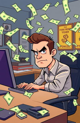 A serious and focused cartoon man sitting at his computer intensely working, surrounded by flying money notes in various denominations swirling around him, signifying wealth and success